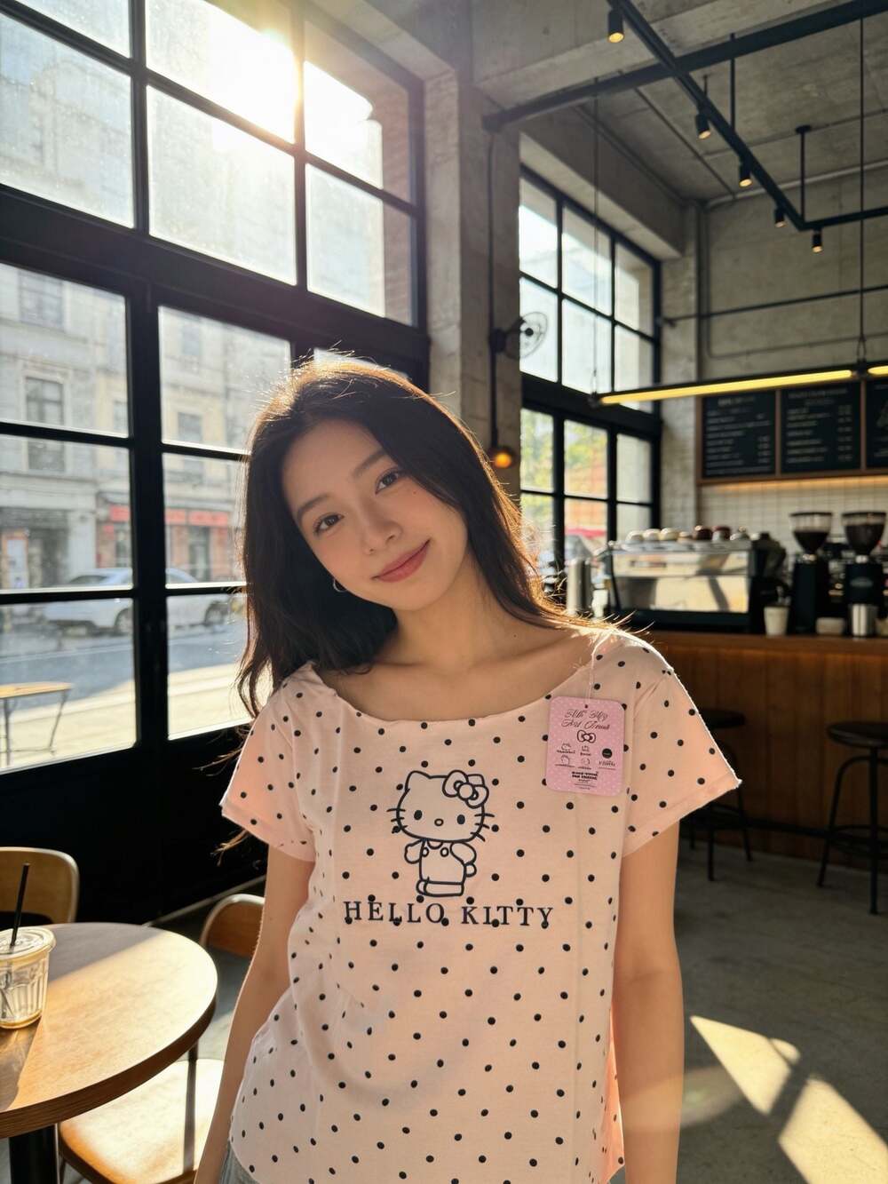 Love Tribe Juniors' Hello Kitty Off-The-Shoulder Polka Dot Tee